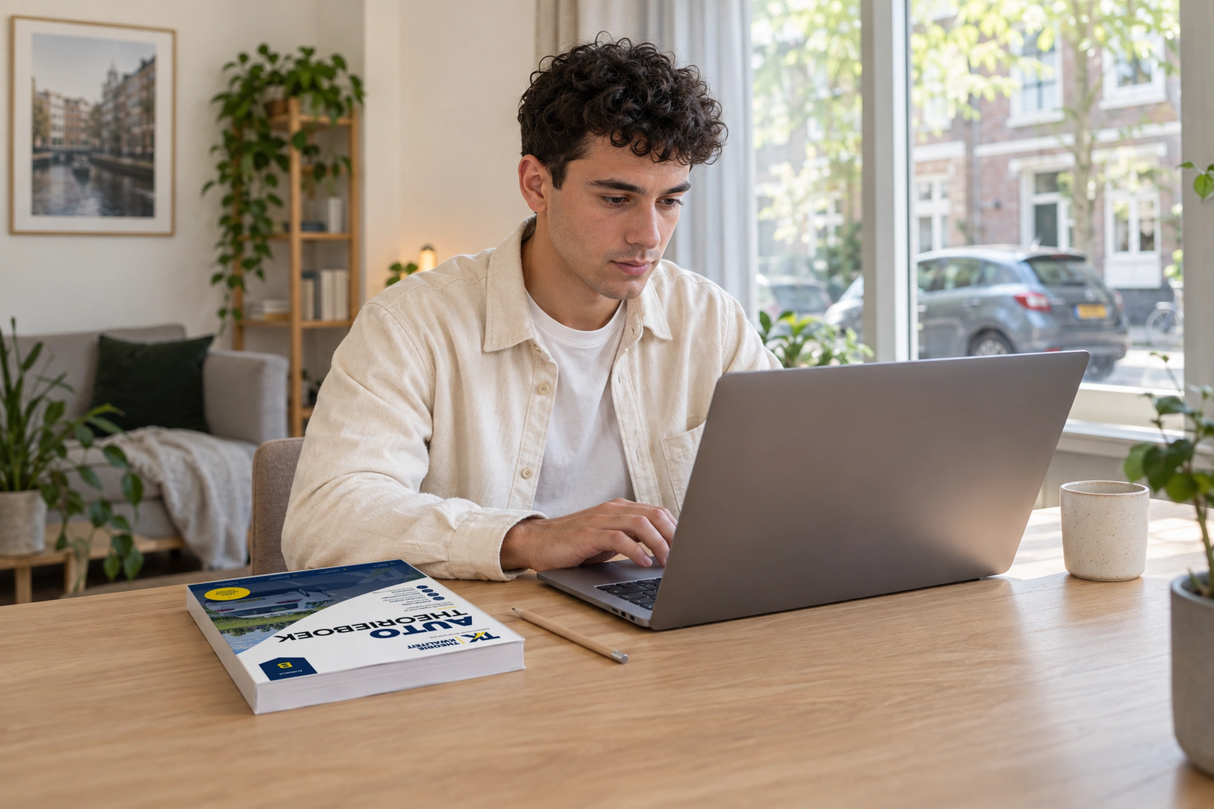 Leerling leert aan een laptop met het Auto Theorieboek ernaast.