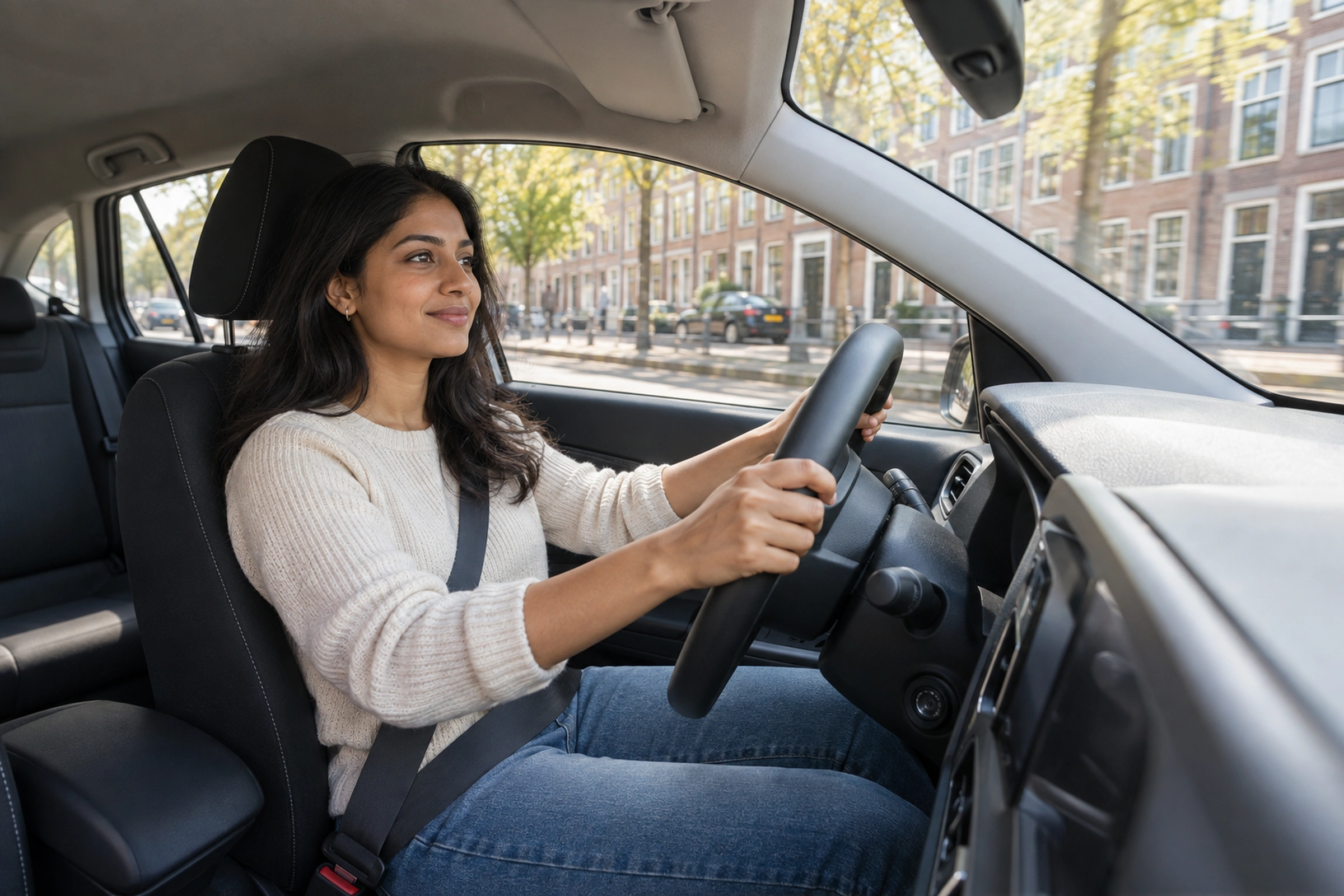 Learner drives a car through a Dutch street.