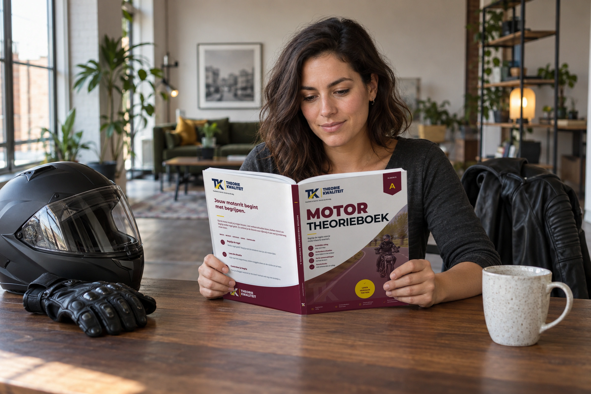 Leerling leest het Motor Theorieboek met helm en handschoenen naast zich.