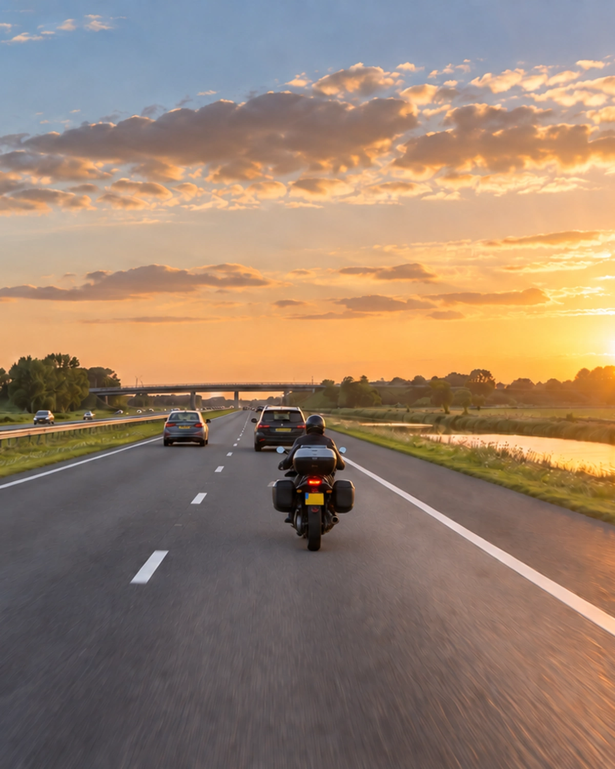 Verkeer op een Nederlandse snelweg onder een gouden avondlucht.
