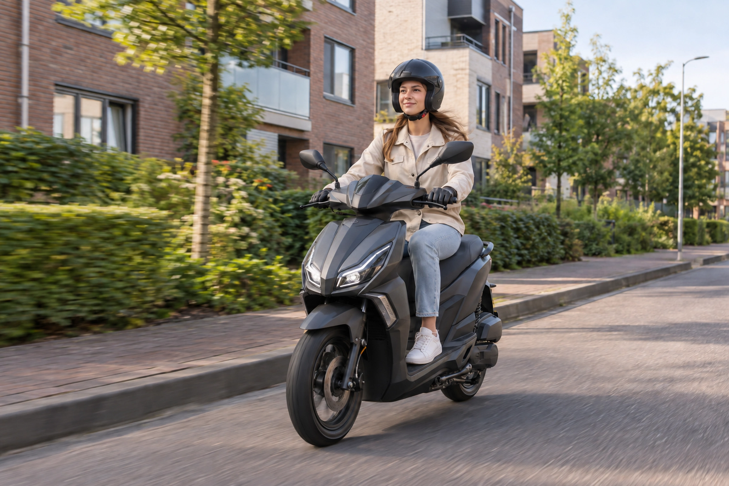 Jonge scooterrijder rijdt door een woonstraat.