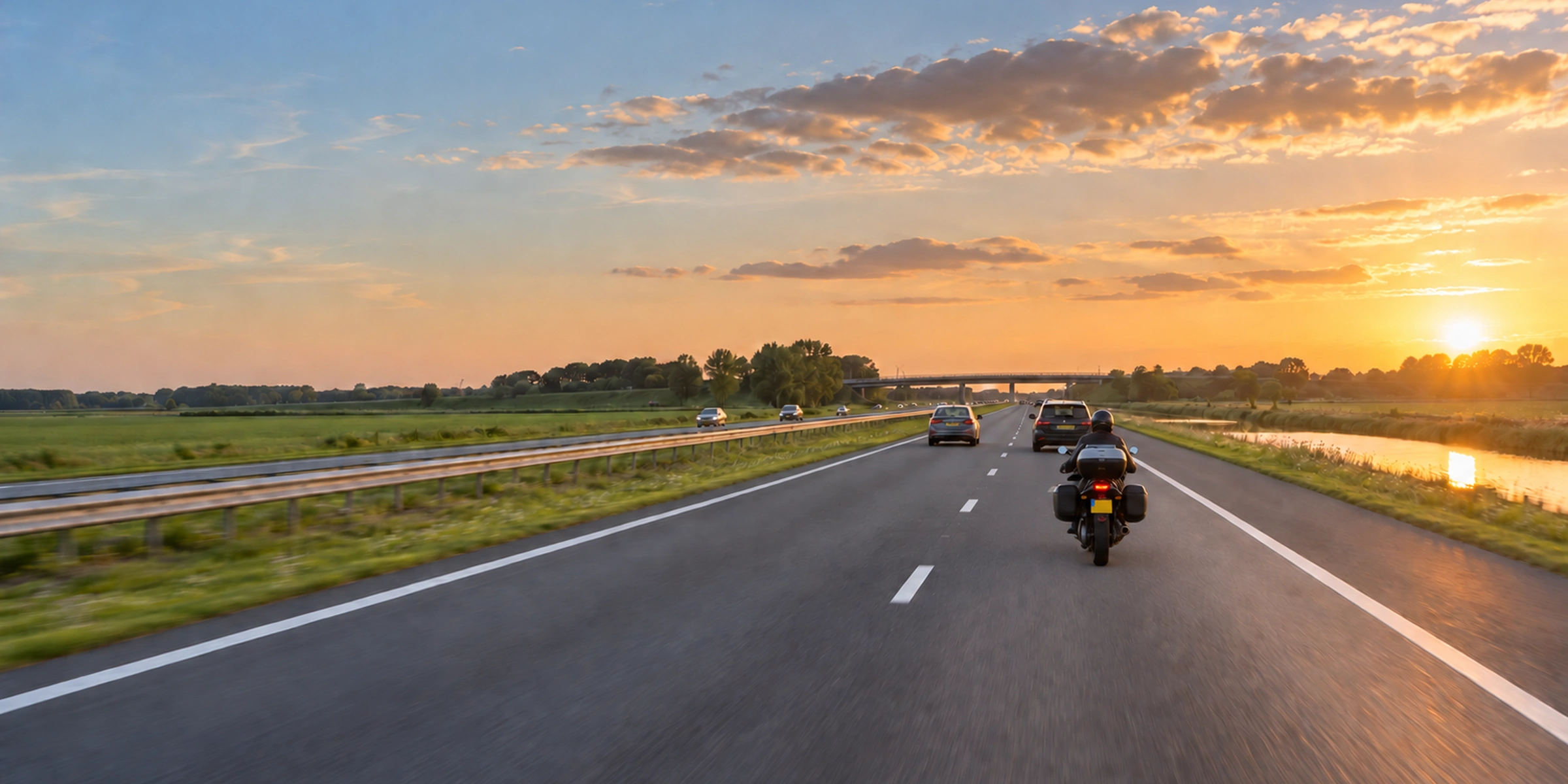 Verkeer op een Nederlandse snelweg onder een gouden avondlucht.