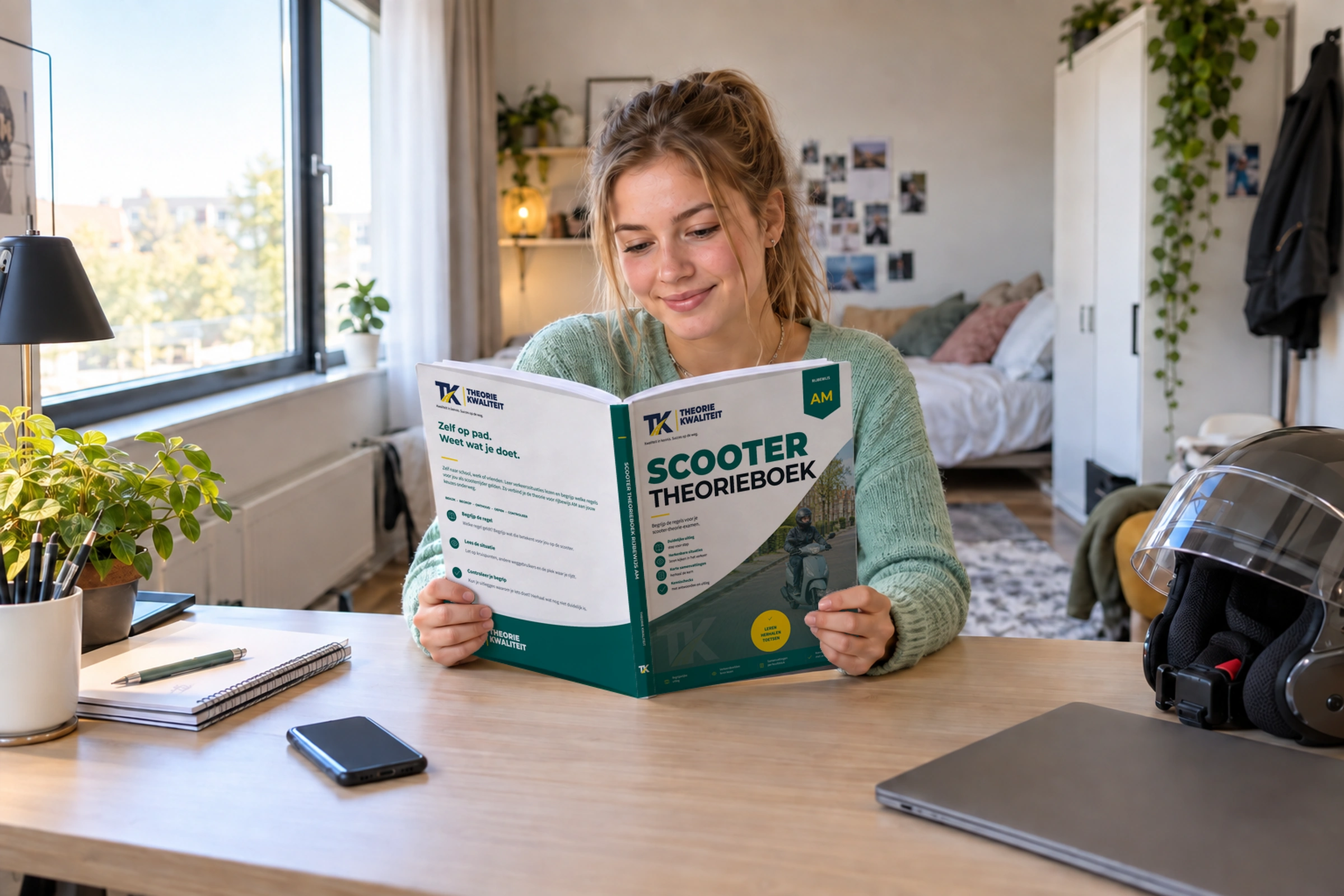 Jonge leerling leest het Scooter Theorieboek aan tafel.