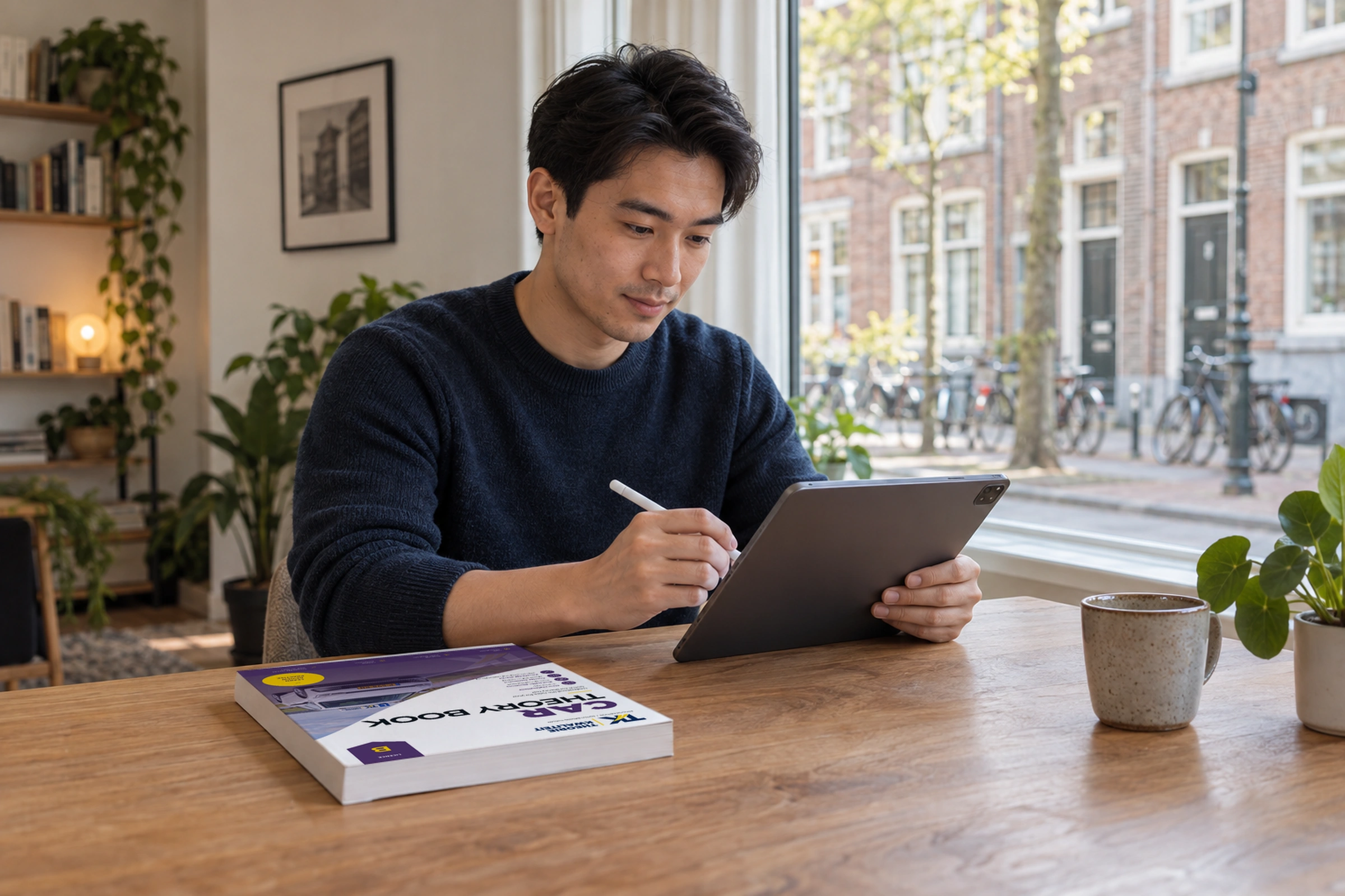 Learner studies online beside the English Edition Car Theory Book.