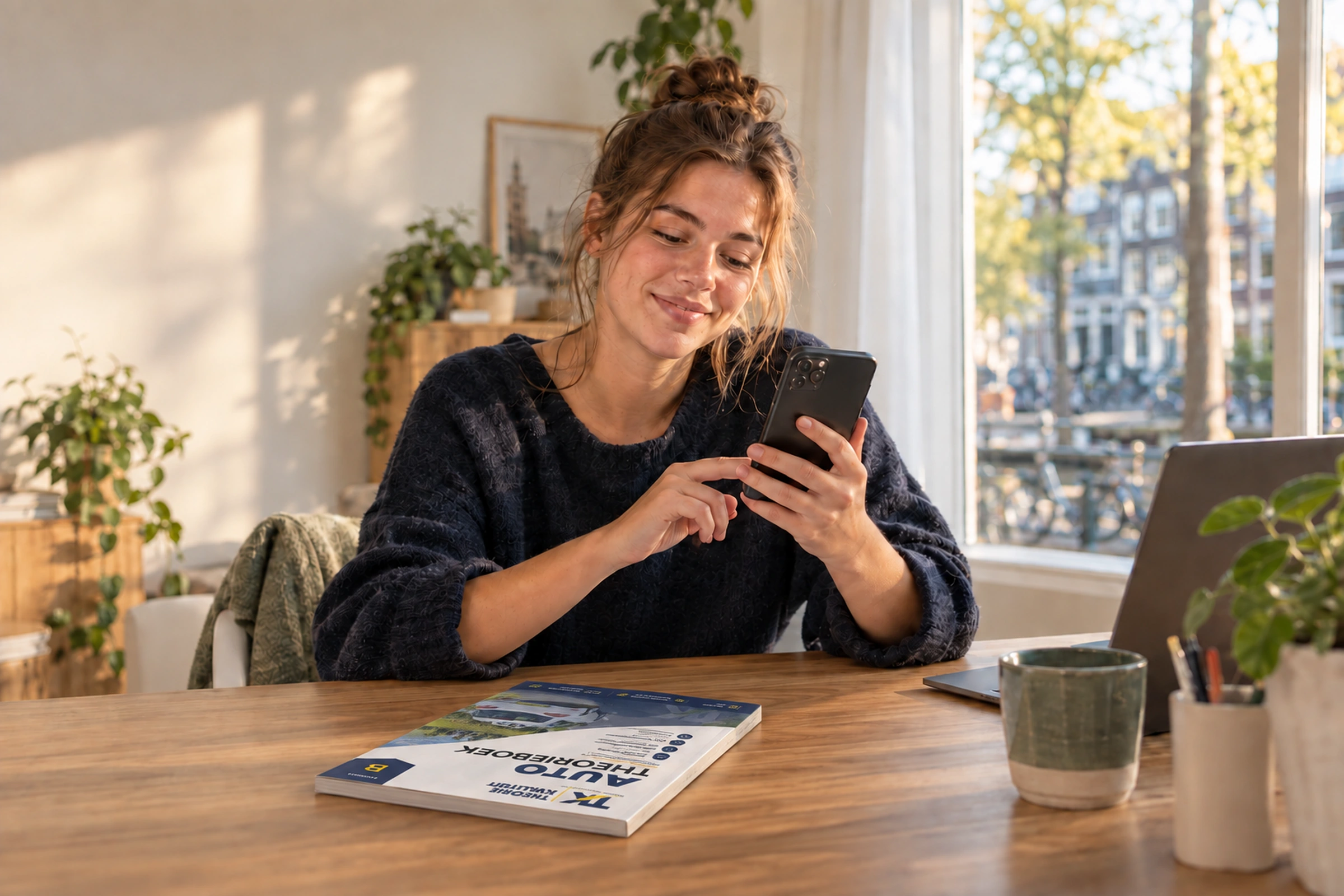 Leerling oefent op haar telefoon met een TK-theorieboek op tafel.