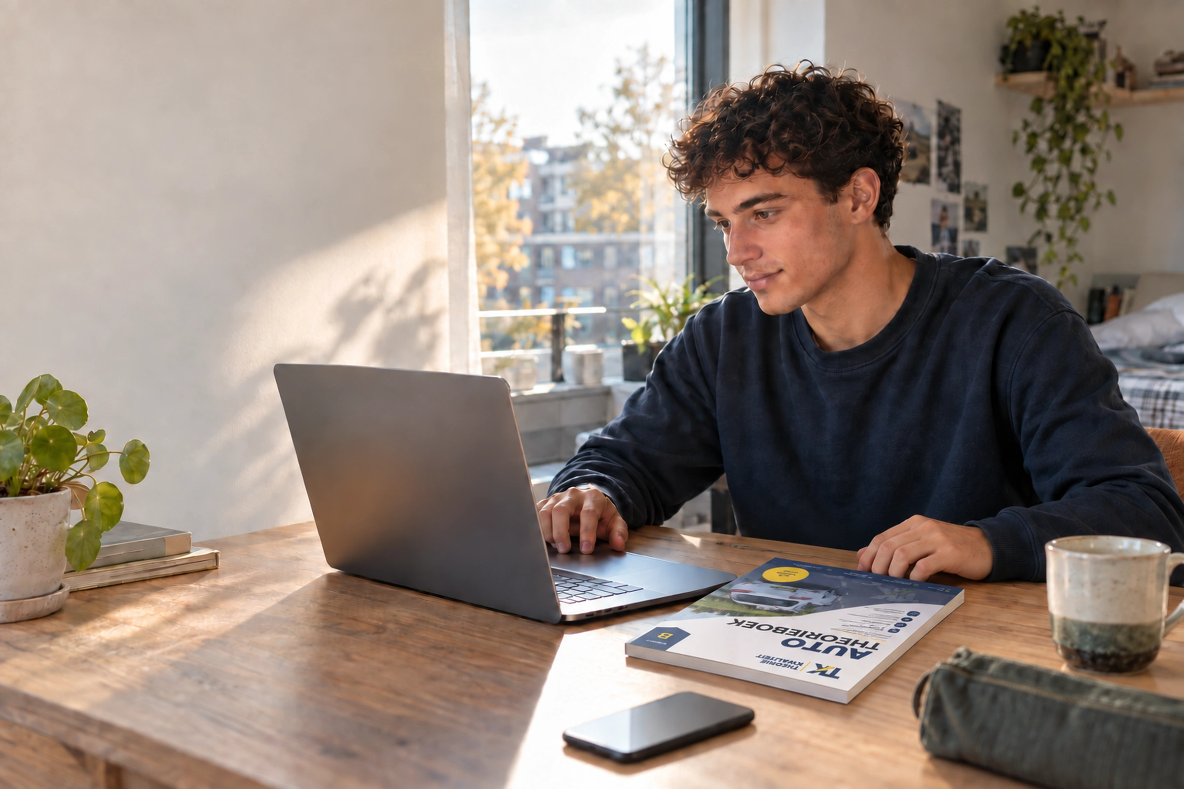 Leerling leert op een laptop met het TK-theorieboek naar hem toegedraaid.