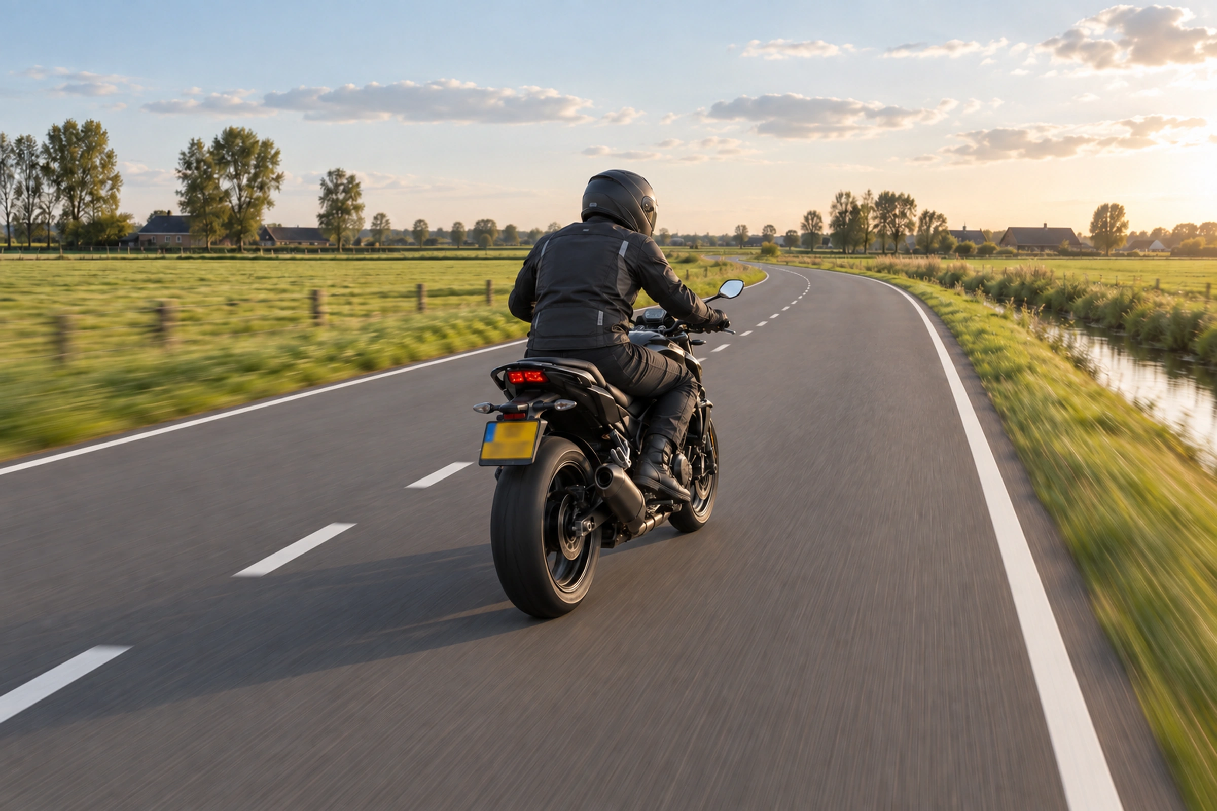 Motorrijder rijdt over een landelijke weg.