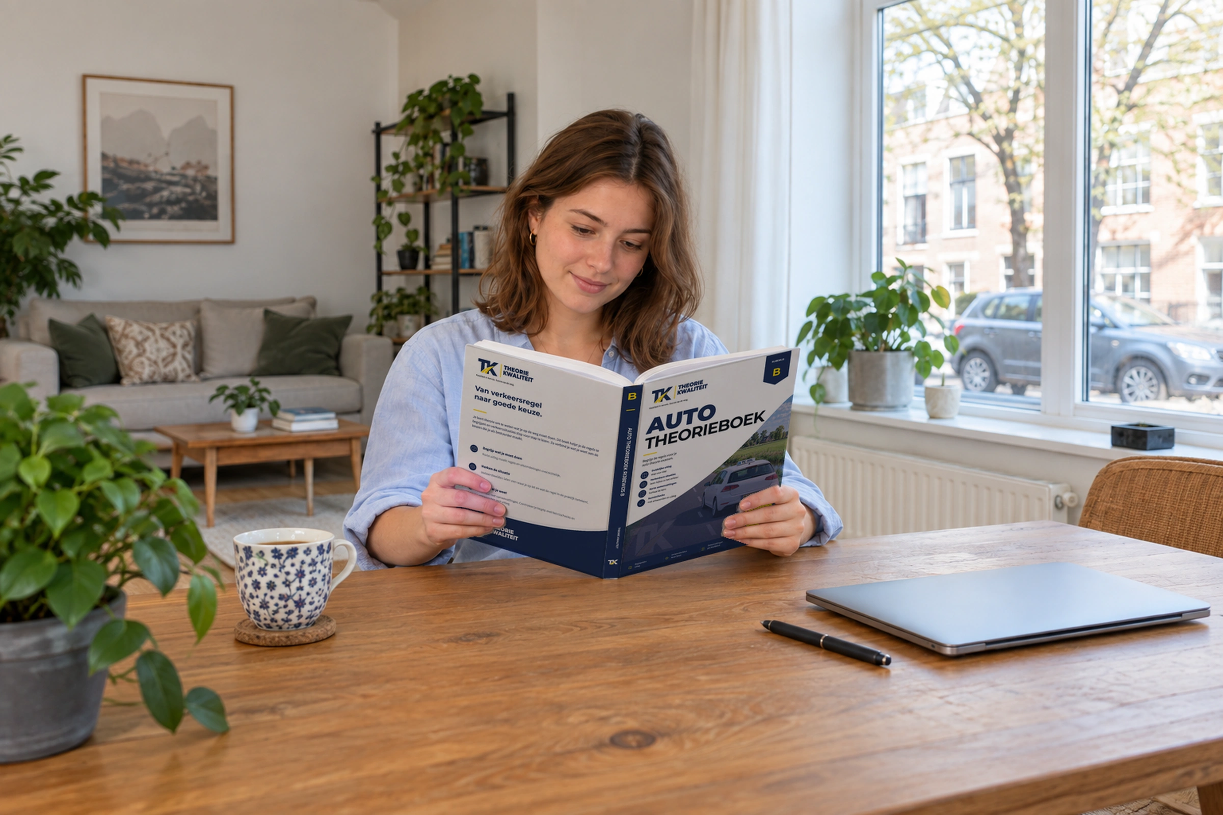 Leerling leest het Auto Theorieboek aan tafel.