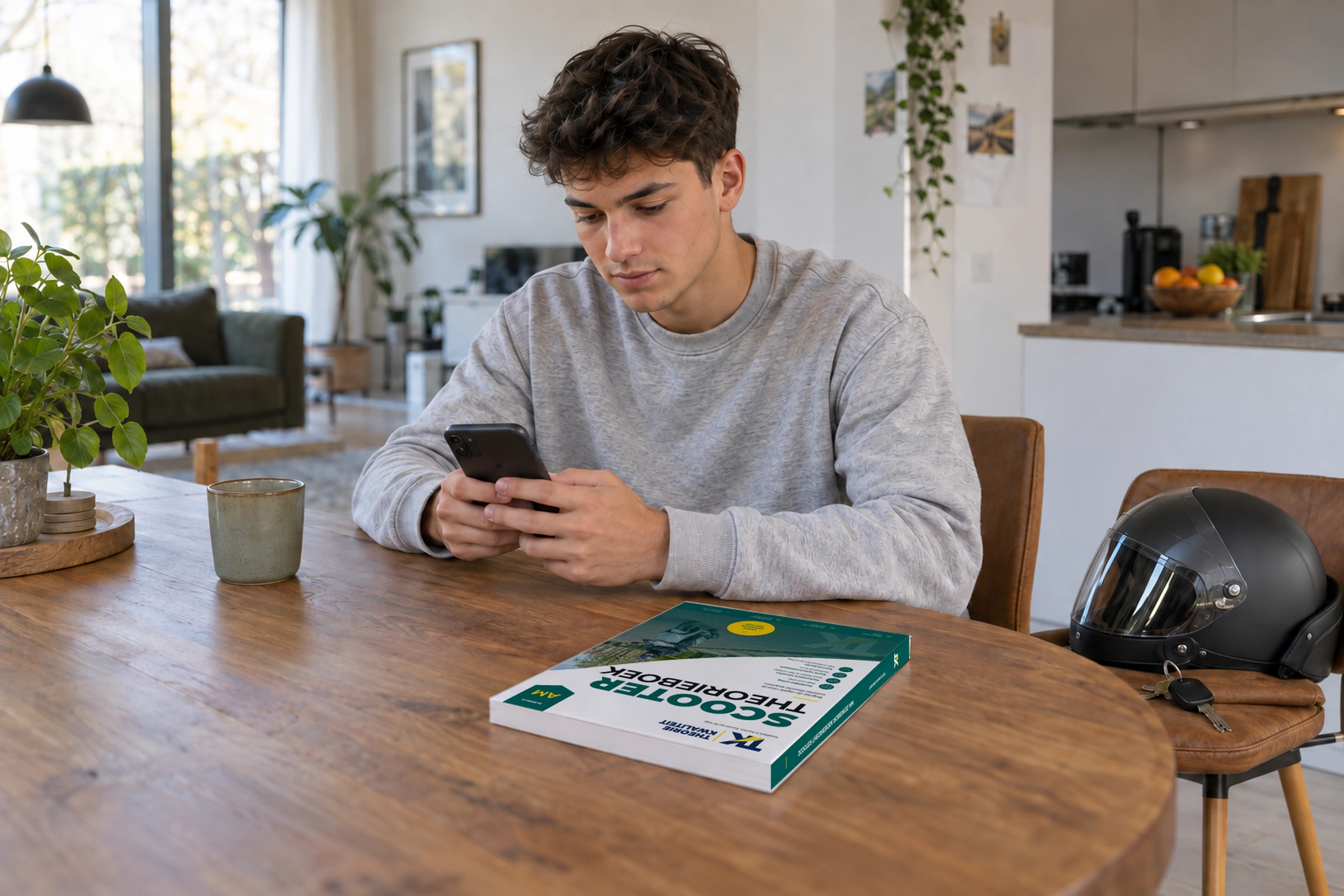 Jonge leerling studeert digitaal met het Scooter Theorieboek op tafel.